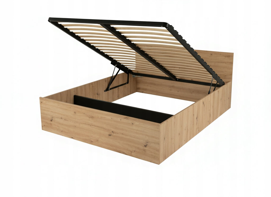 ŁÓŻKO PODNOSZONE DĄB ARTISAN + STELAŻ METALOWY + POJEMNIK