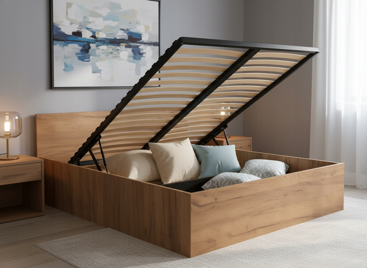 ŁÓŻKO PODNOSZONE DĄB KRAFT ZŁOTY + STELAŻ METALOWY + POJEMNIK