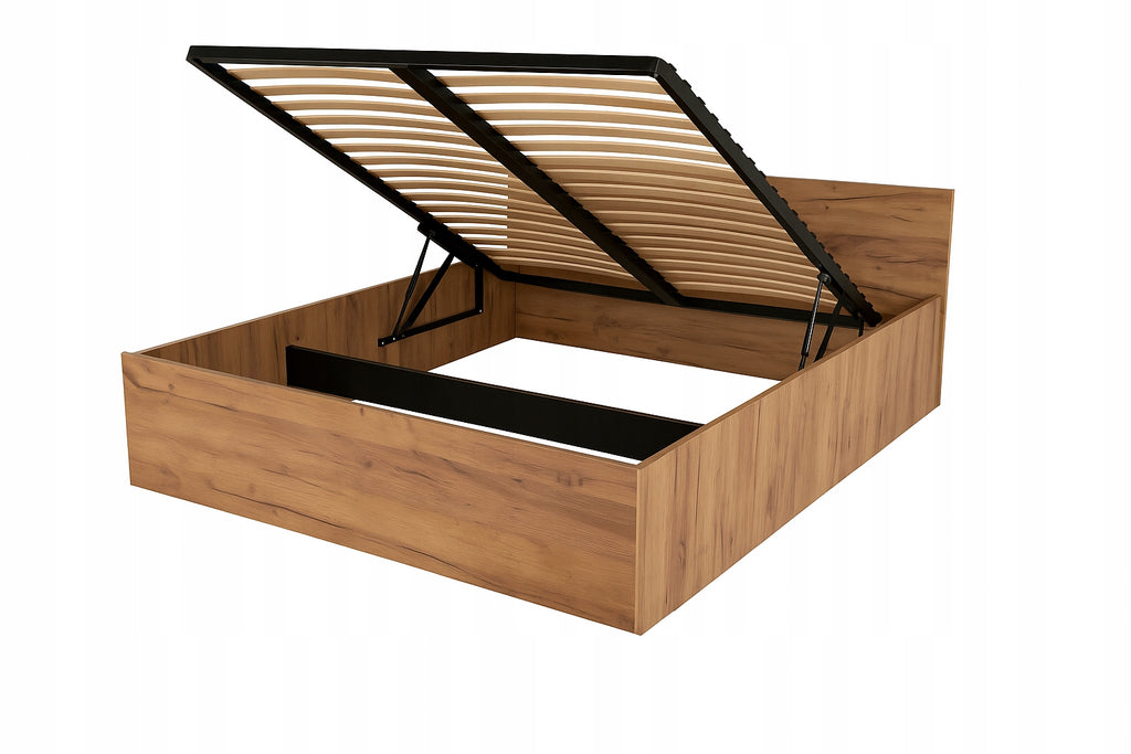 ŁÓŻKO PODNOSZONE DĄB KRAFT ZŁOTY + STELAŻ METALOWY + POJEMNIK