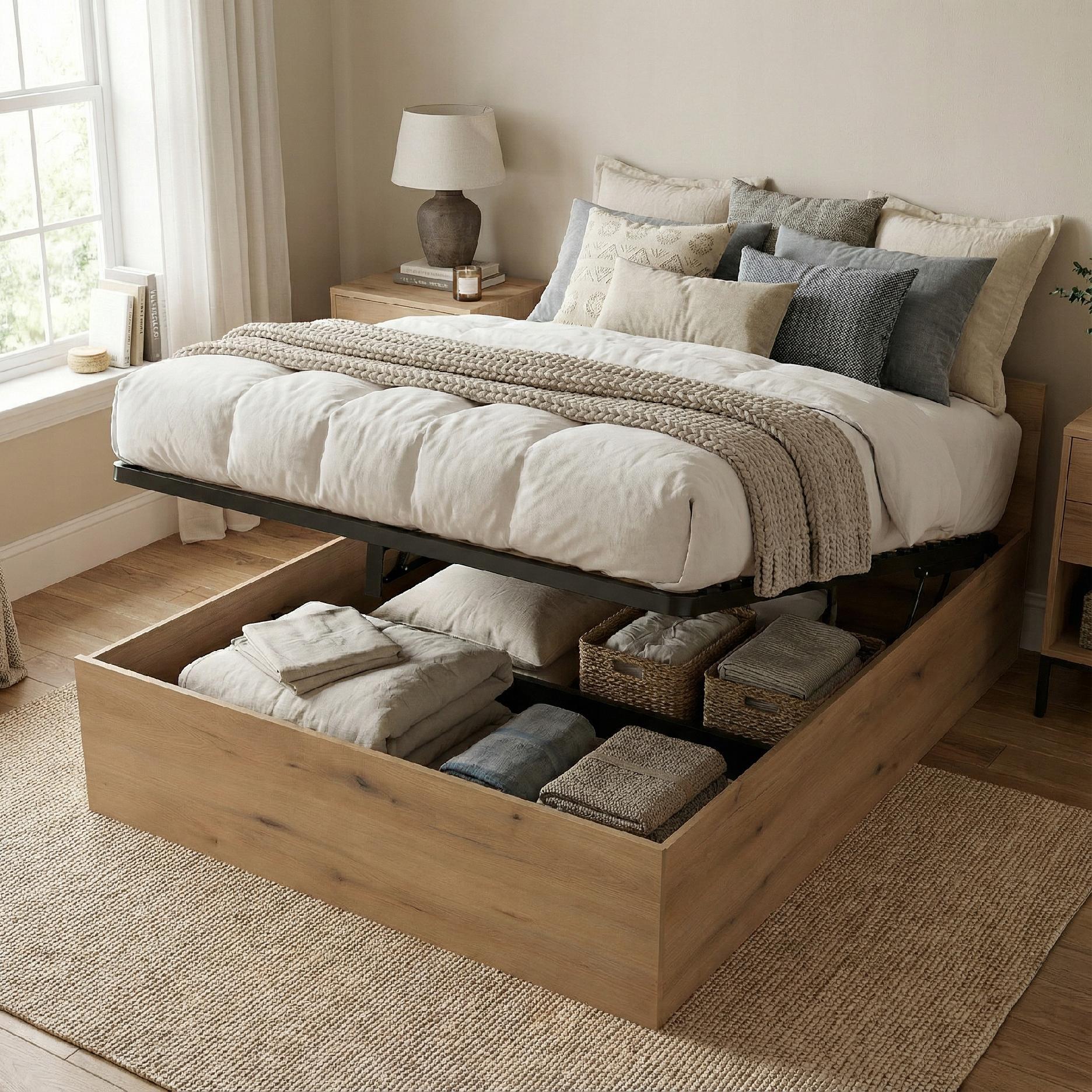 ŁÓŻKO PODNOSZONE DĄB EVOKE + STELAŻ METALOWY + POJEMNIK