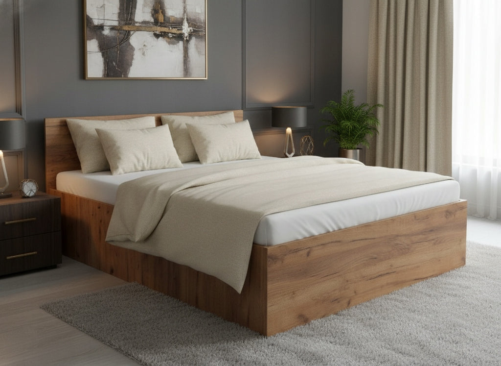 ŁÓŻKO PODNOSZONE DĄB KRAFT ZŁOTY + STELAŻ METALOWY + POJEMNIK