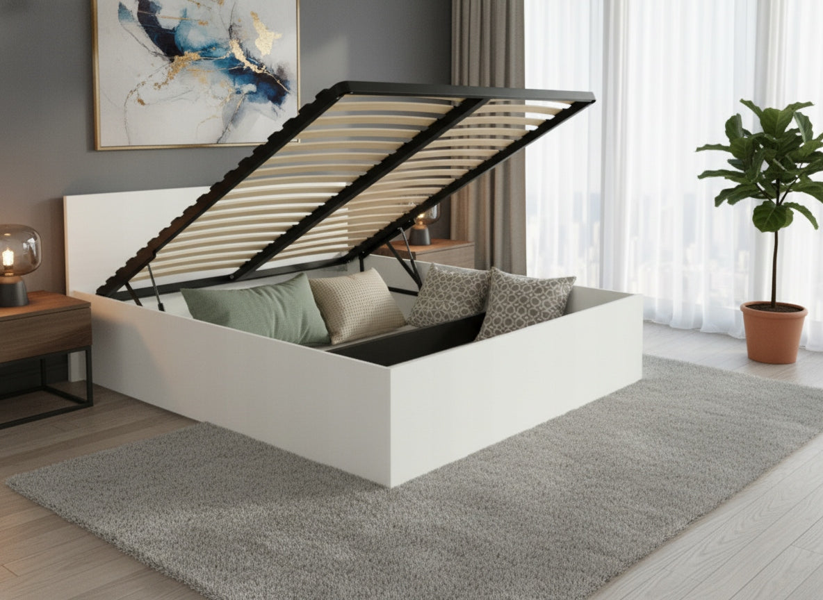 ŁÓŻKO PODNOSZONE BIEL ALPEJSKA + STELAŻ METALOWY + POJEMNIK