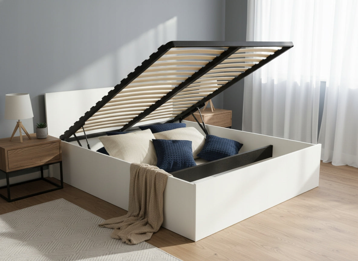 ŁÓŻKO PODNOSZONE BIEL ALPEJSKA + STELAŻ METALOWY + POJEMNIK