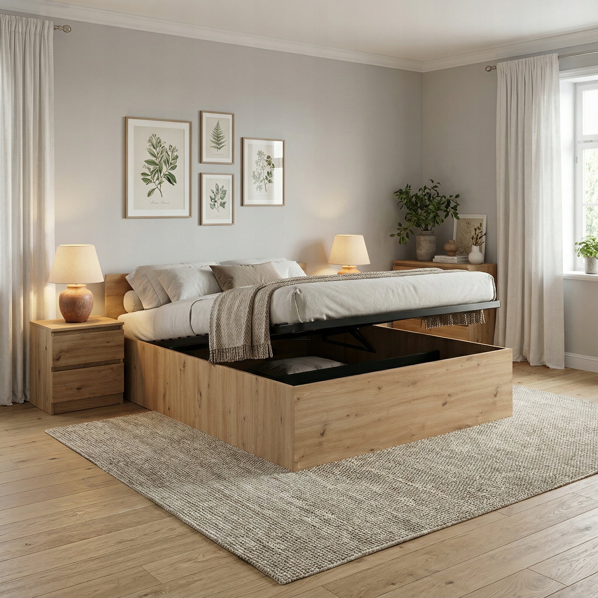 ŁÓŻKO PODNOSZONE DĄB ARTISAN + STELAŻ METALOWY + POJEMNIK