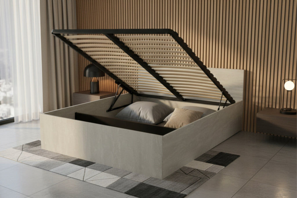 ŁÓŻKO PODNOSZONE BETON + STELAŻ METALOWY + POJEMNIK