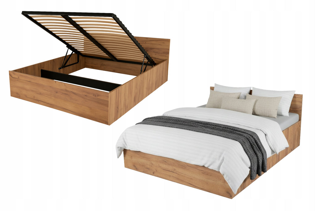 ŁÓŻKO PODNOSZONE DĄB KRAFT ZŁOTY + STELAŻ METALOWY + POJEMNIK